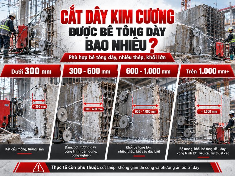 Cắt dây kim cương được bê tông dày bao nhiêu?