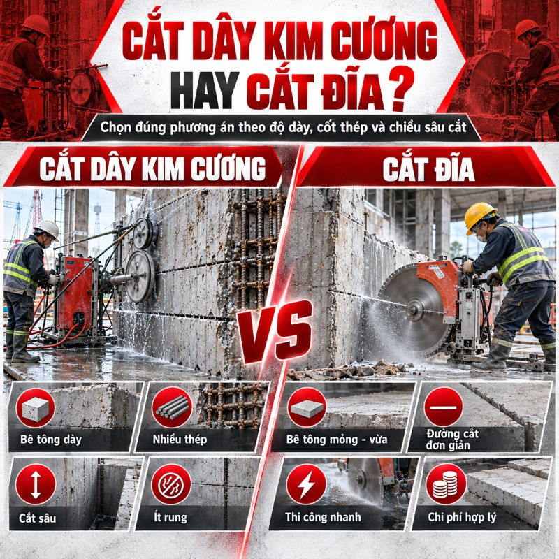 Cắt dây kim cương hay cắt đĩa: chọn phương án nào?