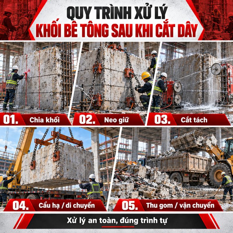 Quy trình xử lý khối bê tông sau khi cắt dây