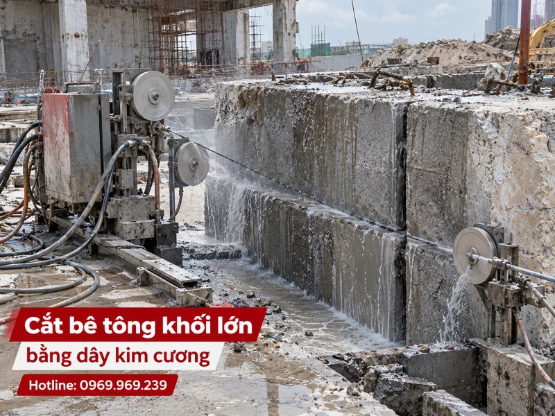 Cắt bê tông khối lớn bằng dây kim cương an toàn, chính xác