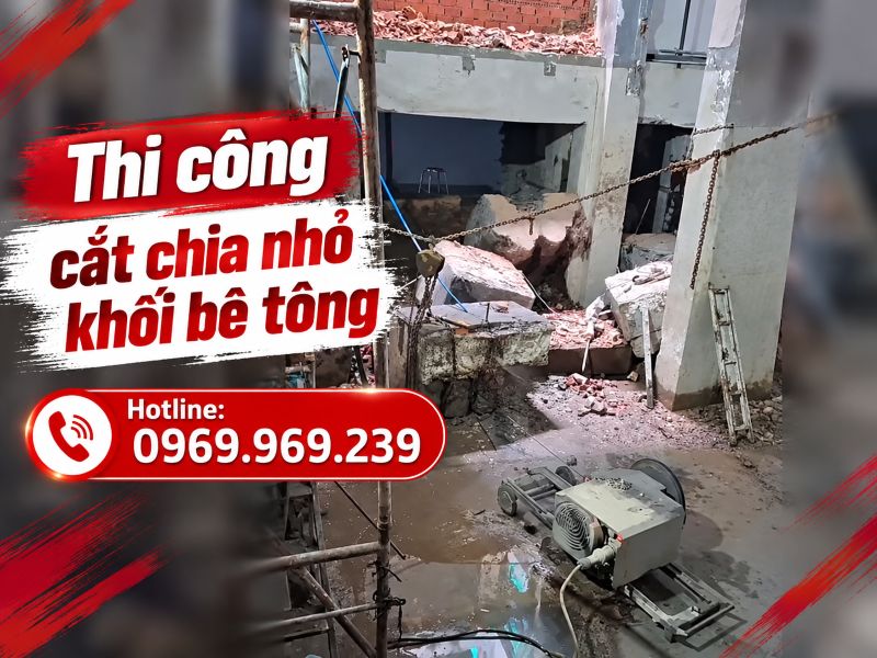 Thi công cắt chia nhỏ khối bê tông bằng dây kim cương