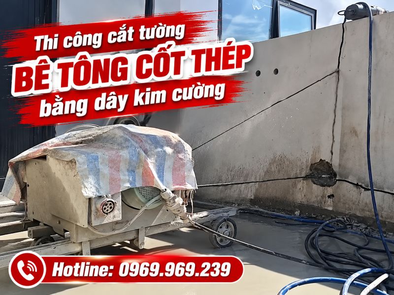 Thi công cắt tường bê tông cốt thép bằng dây kim cương