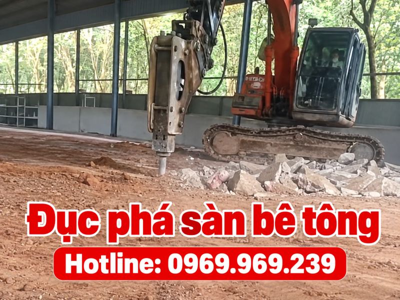 Thi công đục phá sàn bê tông bằng xe đào búa thủy lực