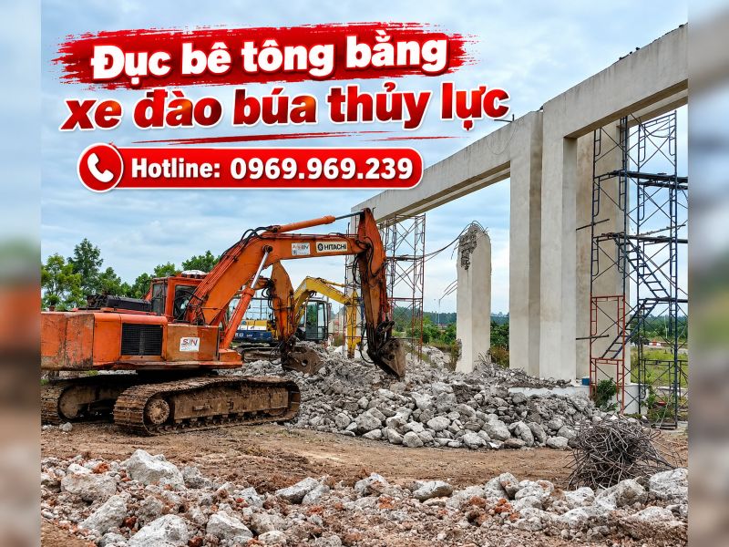 Đục bê tông bằng xe đào búa thủy lực - Phá nhanh, phù hợp khối lượng lớn