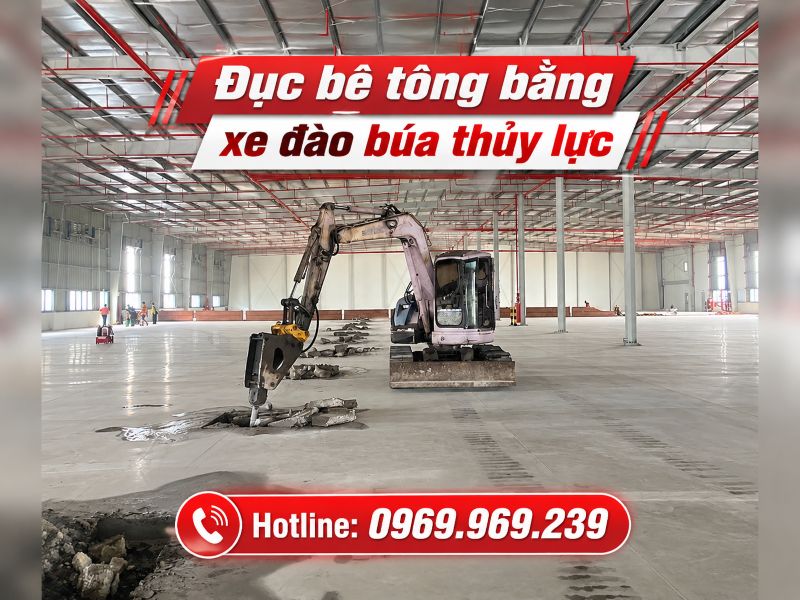 Đục bê tông bằng xe đào búa thủy lực - Phá nhanh, phù hợp khối lượng lớn