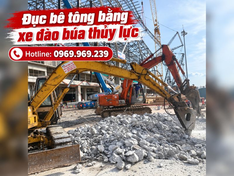 Đục bê tông bằng xe đào búa thủy lực - Phá nhanh, phù hợp khối lượng lớn