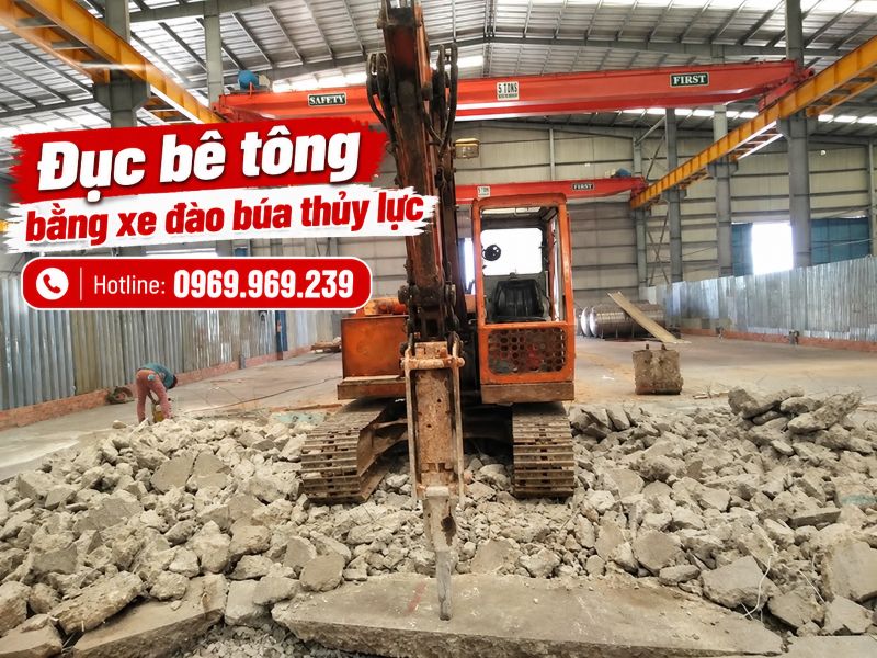 Đục bê tông bằng xe đào búa thủy lực